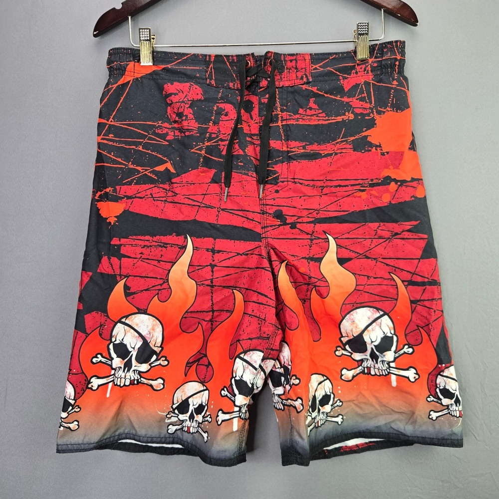 Joe Boxer Swim Trunks Board Shorts XL 14/16 Red Black Skull Flame Pirate Boys